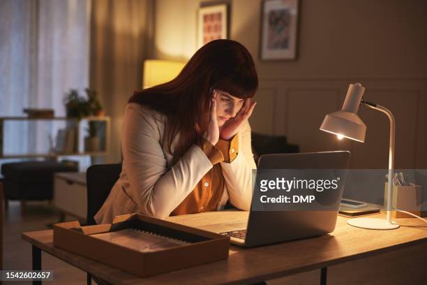 remote work, night and business woman with stress, overworked or burnout working on a laptop  for a project. frustrated, headache and employee or worker sad, worried and angry due to a deadline - miscarriage stock pictures, royalty-free photos & images