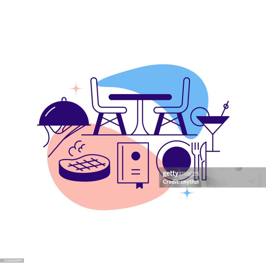 Restaurant and Food Related Line Banner Design. Chef, Menu, Serving, Bar, Cutlery.