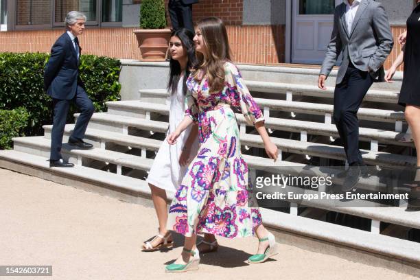 Princess Leonor accompanied by a girl during the audience with the Board of Trustees of the Fundacion Comite Español de los Colegios del Mundo Unido...