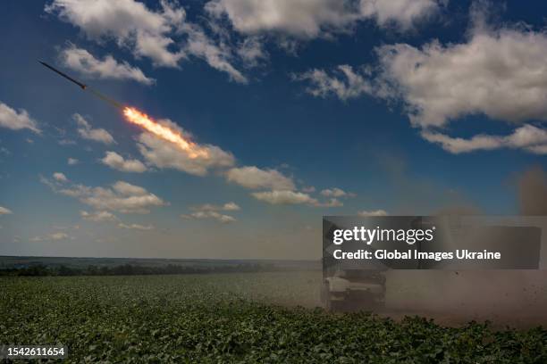 Ukrainian “Grad” multiple rocket launcher fires standing in a field near Orikhiv on June 27, 2023 in Zaporizhzhia Oblast, Ukraine.