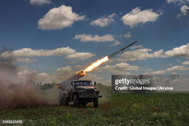 Ukrainian “Grad” multiple rocket launcher fires standing in a field near Orikhiv on June 27, 2023 in Zaporizhzhia Oblast, Ukraine.