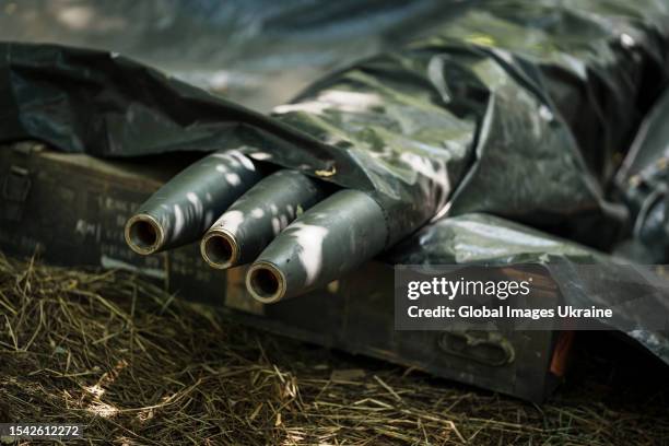 Ammunition for a “Grad” multiple rocket launcher is stacked in a crate at Ukrainian positions near Orikhiv on June 27, 2023 in Zaporizhzhia Oblast,...