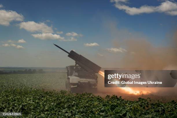 Ukrainian “Grad” multiple rocket launcher fires standing in a field near Orikhiv on June 27, 2023 in Zaporizhzhia Oblast, Ukraine.