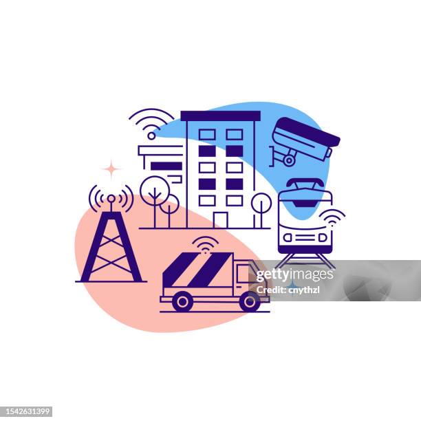 illustrations, cliparts, dessins animés et icônes de conception de bannière de ligne liée à la ville intelligente. technologie, internet des objets, capteur, voiture autonome, technologie cloud. - satellite view