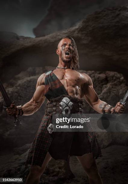 a celtic warrior kilted soldier in the highlands - masculinidade imagens e fotografias de stock