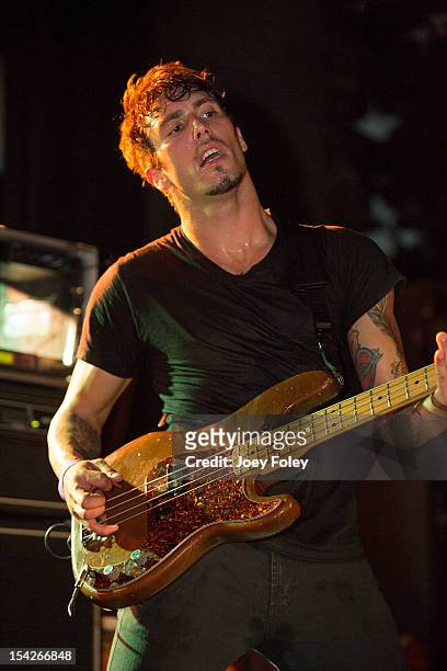 Bassist Sergio Anello of The Early November performs at The Emerson Theater on October 16, 2012 in Indianapolis, Indiana.