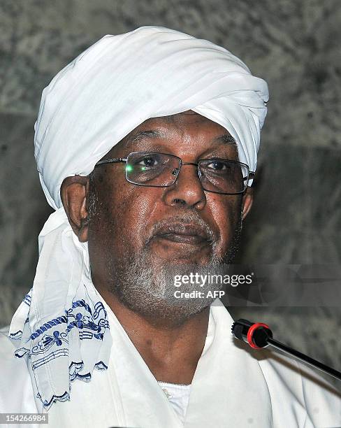 Sudanese parliament speaker Ahmed Ibrahim al-Tahir speaks to deputies during a parliamentary session in Khartoum, on October 17 where they approved...