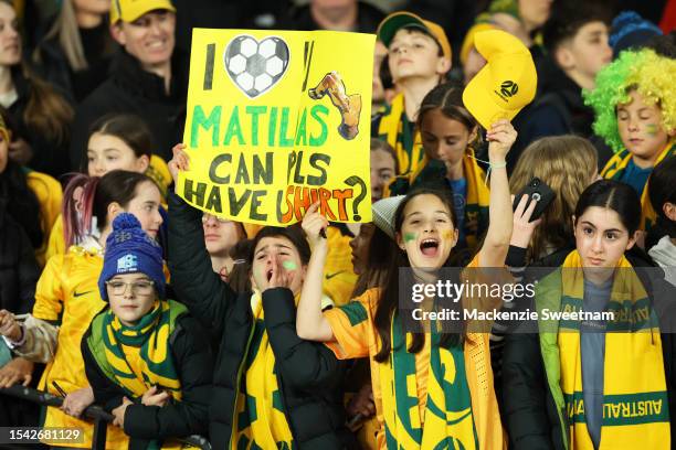 Fans celebrate during the International Friendly match between the Australia Matildas and France at Marvel Stadium on July 14, 2023 in Melbourne,...
