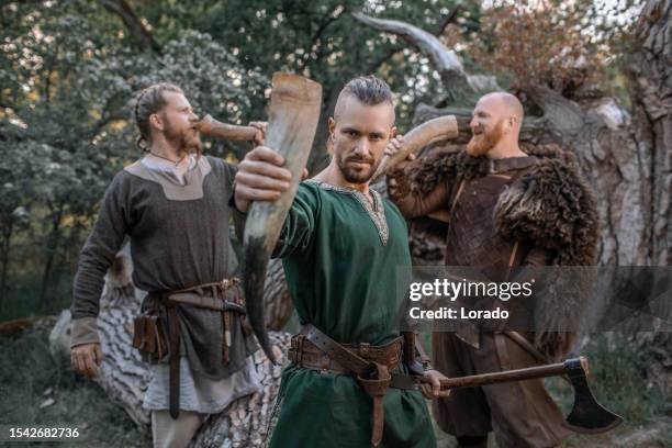 drei wikingerkrieger genießen einen drink in einem herbstlichen wald - wikinger stock-fotos und bilder