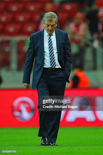 England manager Roy Hodgson inspects the pitch before the FIFA 2014 World Cup Qualifier between Poland and England at the National Stadium on October...