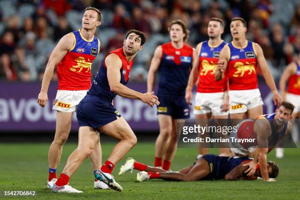 Christian Petracca of the Demons celebrates a goal during the round 18 AFL match between Melbourne Demons and Brisbane Lions at Melbourne Cricket...