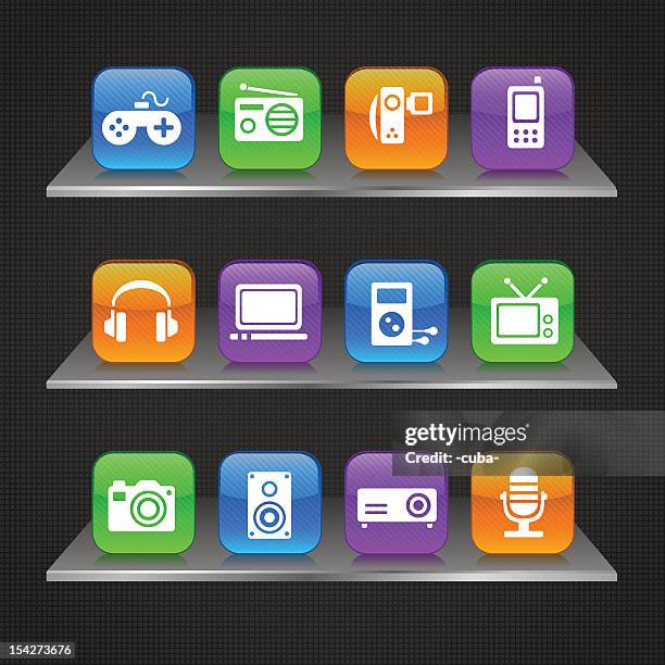 multimedia devices icons on glass docks - dock icon set stock illustrations