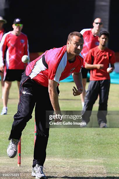 Stuart Clark of the Sydney Sixers attends a training session during the Champions League Twenty20, at Sahara Park Newlands on October 17, 2012 in...