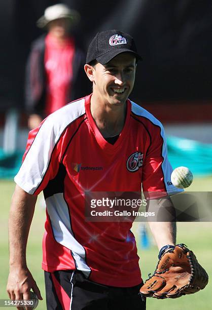 Mitchell Starc of the Sydney Sixers attends a training session during the Champions League Twenty20, at Sahara Park Newlands on October 17, 2012 in...