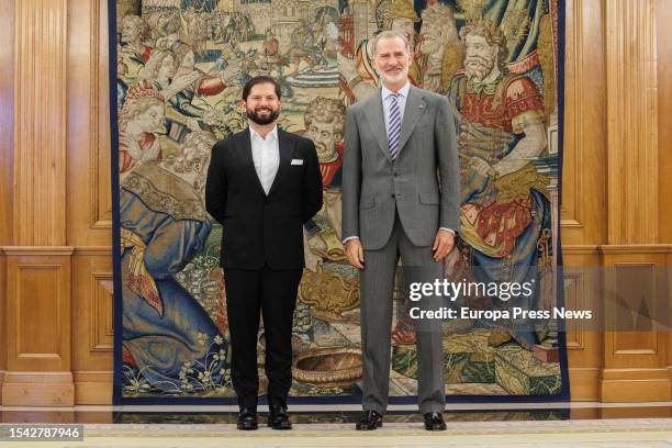 The King of Spain, Felipe VI , receives the President of the Republic of Chile, Gabriel Boric Font , at La Zarzuela Palace, on 14 July, 2023 in...