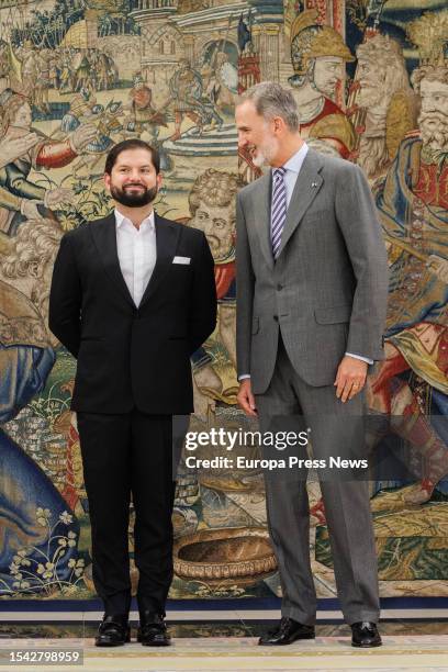 The King of Spain, Felipe VI , receives the President of the Republic of Chile, Gabriel Boric Font , at La Zarzuela Palace, on 14 July, 2023 in...