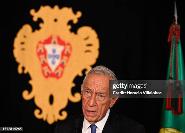 Portuguese President Marcelo Rebelo de Sousa delivers remarks to the press at the end of the one-on-one meeting in Belem Presidential Palace with the...