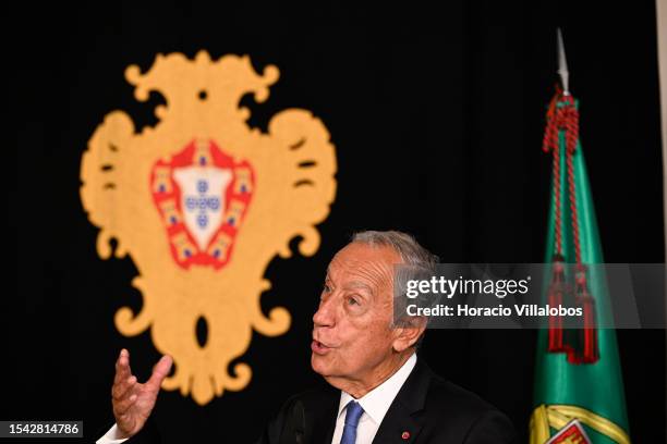 Portuguese President Marcelo Rebelo de Sousa delivers remarks to the press at the end of the one-on-one meeting in Belem Presidential Palace with the...