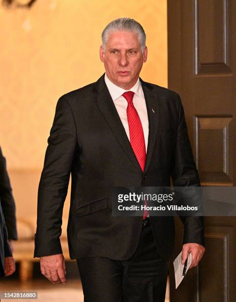 The President of Cuba Miguel Díaz-Canel arrives to meet the press at the end of the one-on-one meeting in Belem Presidential Palace with Portuguese...