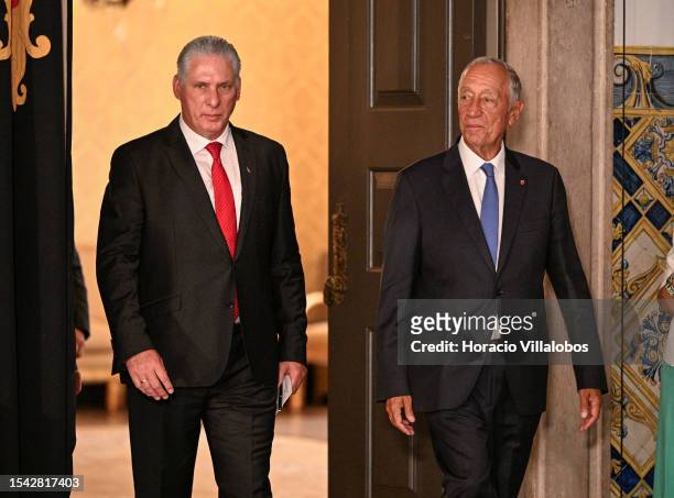 The President of Cuba Miguel Díaz-Canel and Portuguese President Marcelo Rebelo de Sousa arrive to meet the press at the end of the one-on-one...
