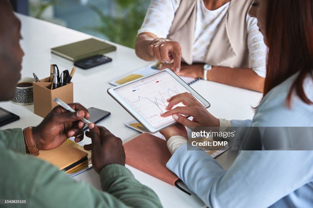 Geschäftsbesprechung, Grafik und digitales Tablet für Mitarbeiter im Büro mit Budget, Statistiken und Überprüfung. Finanz-, Analyse- und Finanzteam online mit Diagramm-, Kollaborations- und Budgetplanung oder Zielplanung