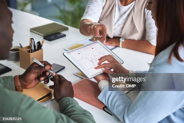 business meeting, graph and digital tablet for people in office with budget, statistics and review. financial, analysis and finance team online with chart, collaboration and budget planning or target - financial graph bildbanksfoton och bilder