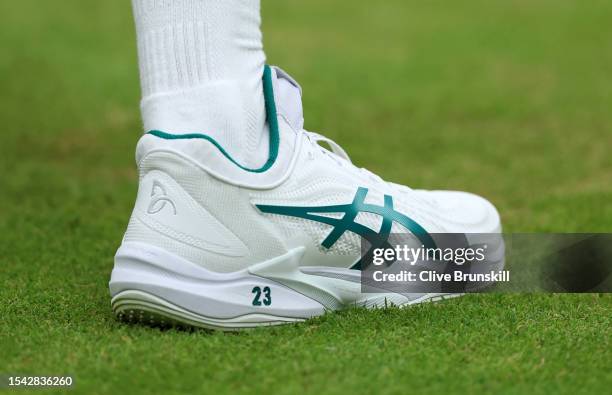 Detailed view of the shoes of Novak Djokovic of Serbia during the Men's Singles Semi Finals match against Jannik Sinner of Italy on day twelve of The...