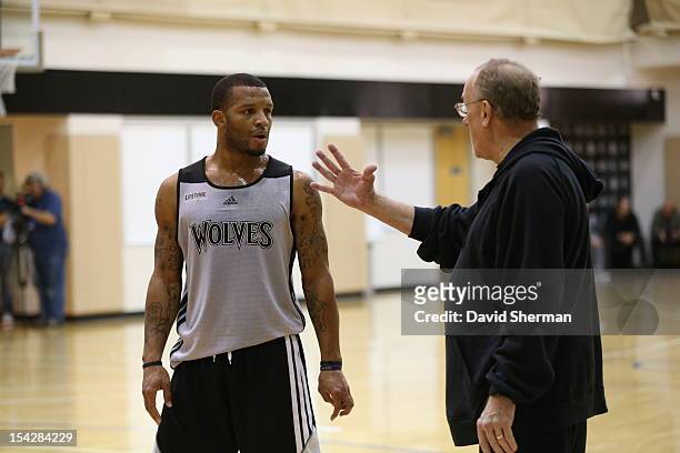 Will Conroy of the Minnesota Timberwolves listens to Head Coach Rick Adelman during practice on October 17, 2012 at The Minnesota Timberwolves...