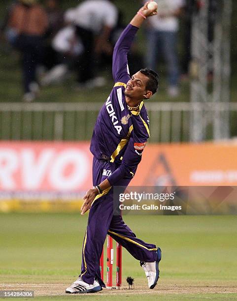 Sunil Narine of the Kolkata Knight Riders in action during the Karbonn Smart CLT20 match between Kolkata Knight Riders and Perth Scorchers at Sahara...