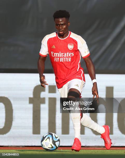 Bukayo Saka of Arsenal FC controls the ball during the pre-season friendly match between 1. FC Nürnberg and Arsenal FC at Max-Morlock Stadion on July...