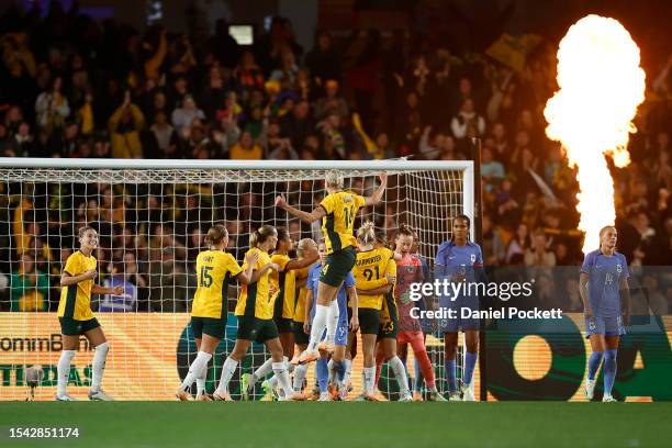 The Matildas celebrate a goal to Mary Fowler of the Matildas during the International Friendly match between the Australia Matildas and France at...
