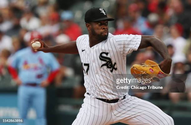 Chicago White Sox starting pitcher Touki Toussaint throws against the St. Louis Cardinals in the first inning at Guaranteed Rate Field on July 8 in...