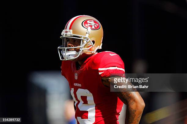 Wide receiver Ted Ginn Jr. #19 of the San Francisco 49ers warms up before a game against the New York Giants on October 14, 2012 at Candlestick Park...