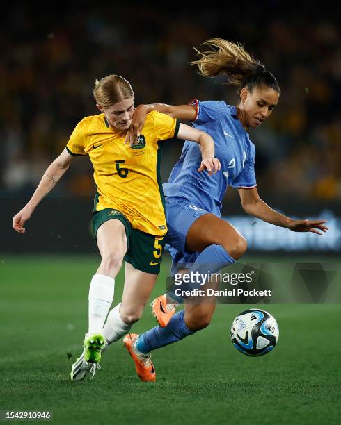 Corinne Vine of the Matildas competes for the ball against Maelle Lakrar of France during the International Friendly match between the Australia...