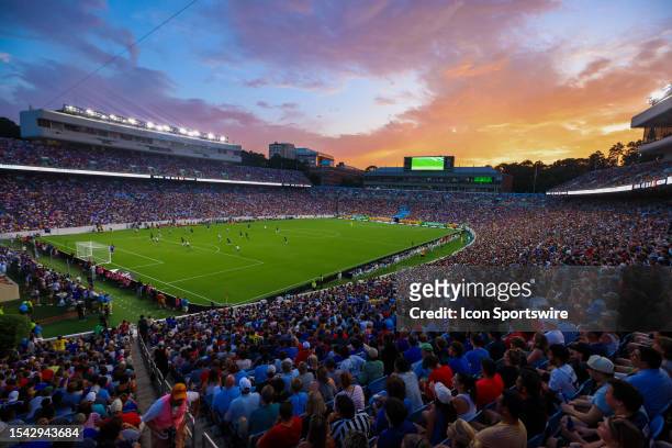 Fans fill the stadium during a soccer match between Chelsea and Wrexham on July 19, 2023 at Kenan Memorial Stadium in Chapel Hill, NC.