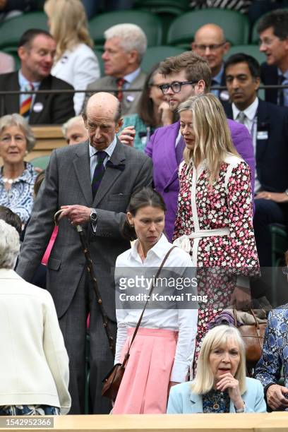 Prince Edward, Duke of Kent, Lady Sarah Chatto and Lady Helen Taylor attend day twelve of the Wimbledon Tennis Championships at All England Lawn...