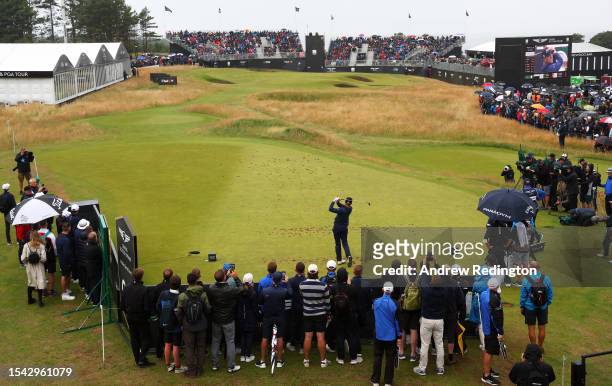 Justin Thomas of the United States tees off on the 6th hole during Day Two of the Genesis Scottish Open at The Renaissance Club on July 14, 2023 in...