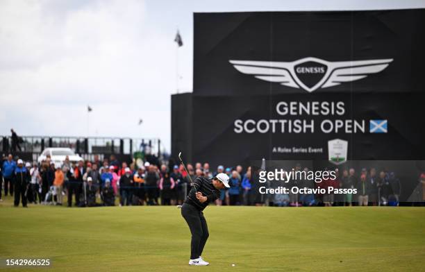 Francesco Molinari of Italy plays his second shot on the 5th hole during Day Two of the Genesis Scottish Open at The Renaissance Club on July 14,...