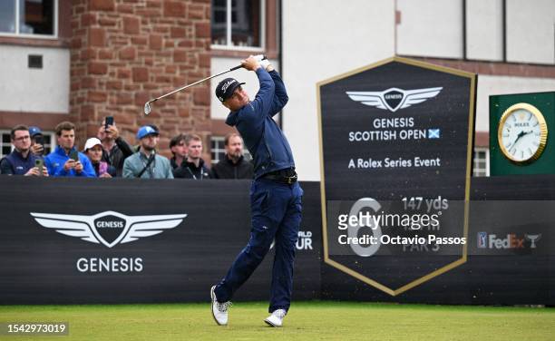 Justin Thomas of the United States tees off on the 6th hole during Day Two of the Genesis Scottish Open at The Renaissance Club on July 14, 2023 in...