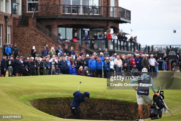 Aaron Rai of England plays a bunker shot on the 5th hole during Day Two of the Genesis Scottish Open at The Renaissance Club on July 14, 2023 in...