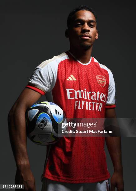 Arsenal unveil new signing Jurrien Timber at London Colney on July 14, 2023 in St Albans, England.