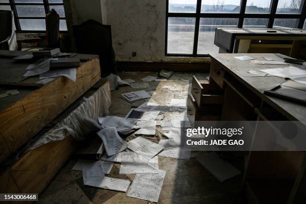 This photo taken on March 31, 2023 shows documents dumped at a deserted housing sales building in a suburb of Shenyang in China's northeastern...