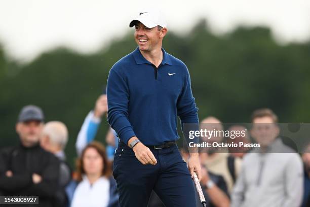 Rory McIlroy of Northern Ireland reacts on the 5th green during Day Two of the Genesis Scottish Open at The Renaissance Club on July 14, 2023 in...