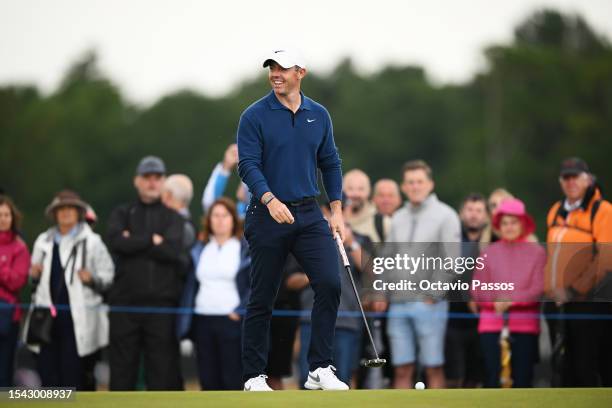 Rory McIlroy of Northern Ireland reacts on the 5th green during Day Two of the Genesis Scottish Open at The Renaissance Club on July 14, 2023 in...