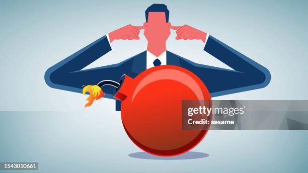 ilustrações de stock, clip art, desenhos animados e ícones de self-deception, self-righteousness, stubbornness or paranoia, pretense and dishonesty, risk and trouble avoidance, businessmen plugging their ears and watching bombs about to explode - mãos nas orelhas