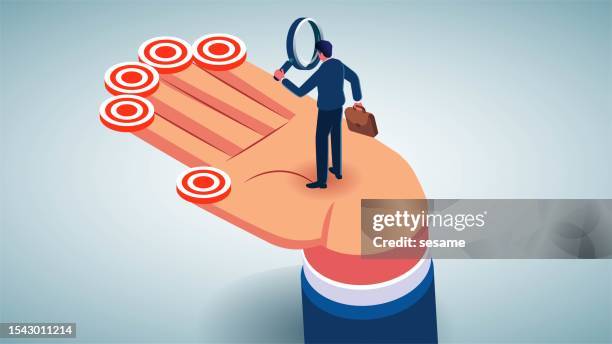 develop and analyze the objectives of the program, study the tasks and objectives given by the boss, the businessman with a magnifying glass to analyze the five targets on the five fingers of the big hand - hand reaching forward stock illustrations