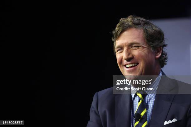 Former Fox News television personality Tucker Carlson speaks to guests at the Family Leadership Summit on July 14, 2023 in Des Moines, Iowa. The...