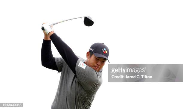 Byeong Hun An of South Korea tees off on the 3rd hole during Day Two of the Genesis Scottish Open at The Renaissance Club on July 14, 2023 in United...