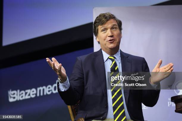 Former Fox News television personality Tucker Carlson speaks to guests at the Family Leadership Summit on July 14, 2023 in Des Moines, Iowa. The...