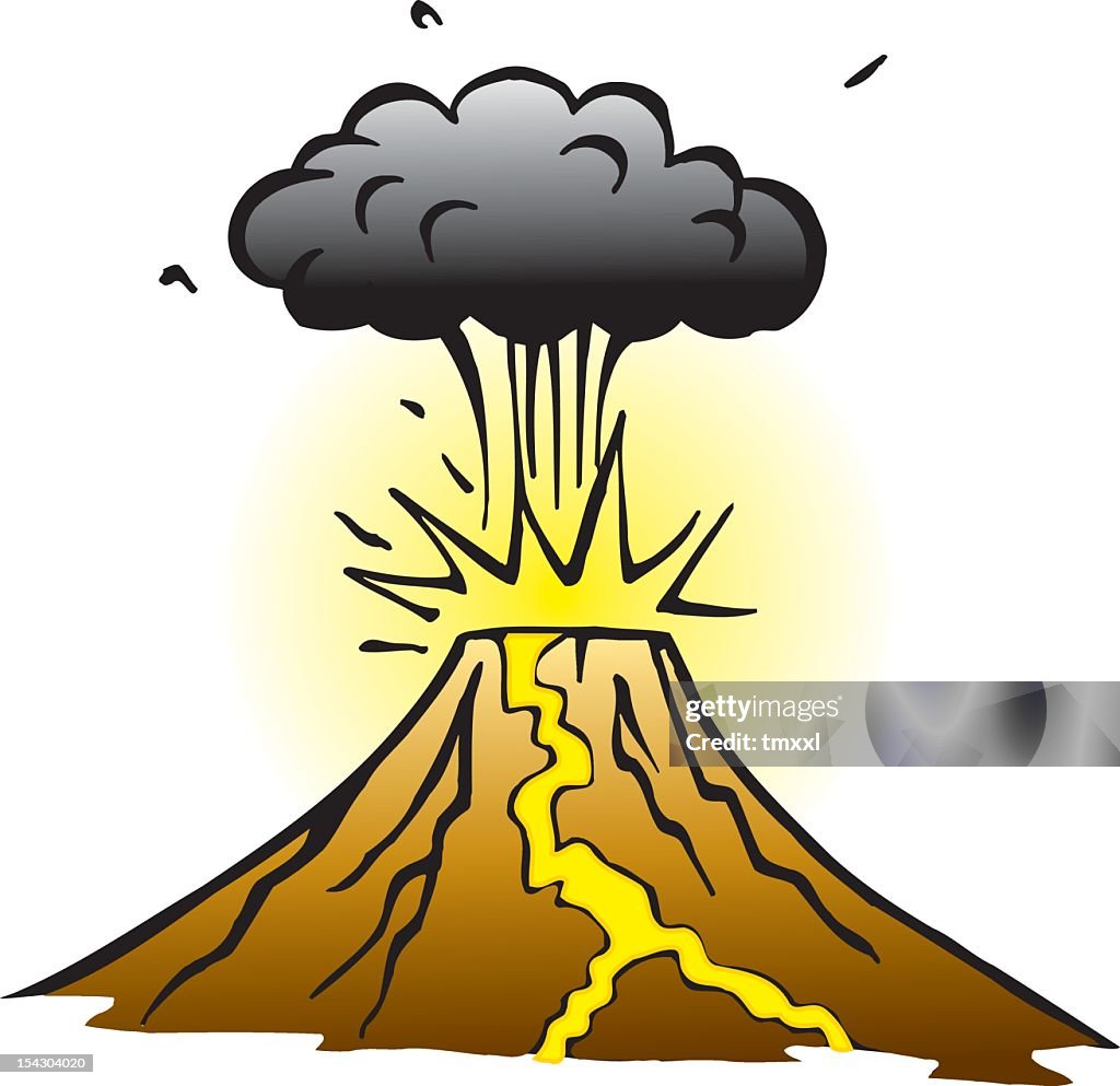 Cartoon Of Brown Volcano With Yellow Lava And Black Smoke High-Res Vector  Graphic - Getty Images